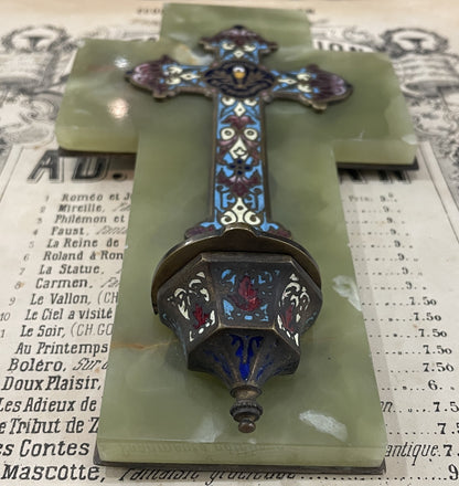 Antique French Champleve Enamel Onyx Holy Water Font Cross Crucifix c1880