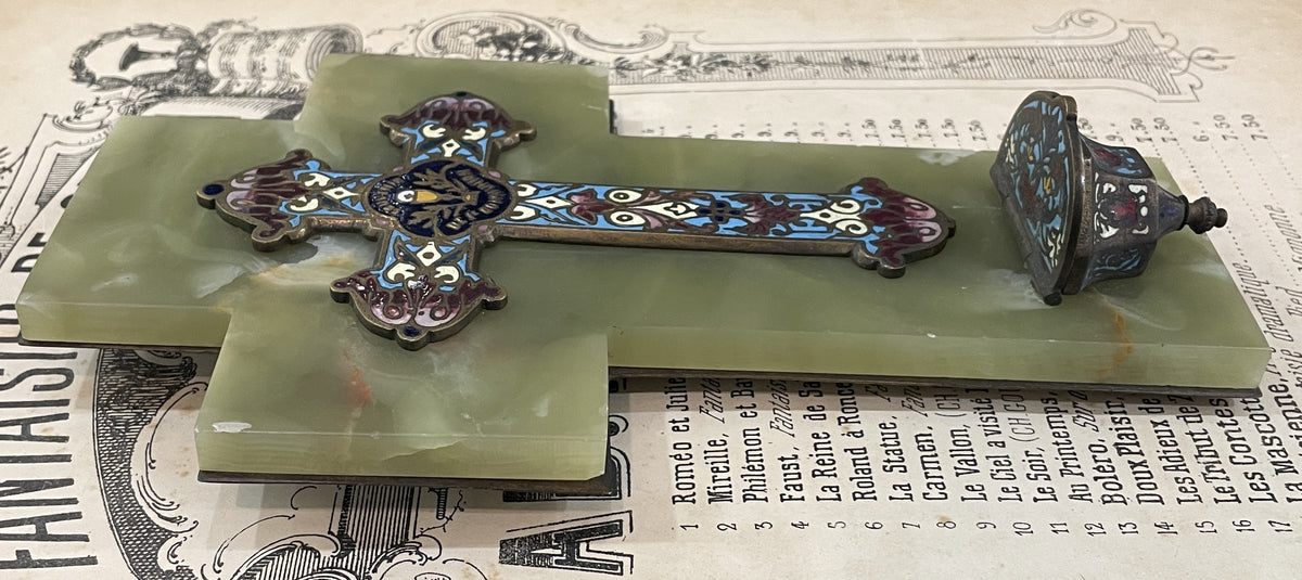 Antique French Champleve Enamel Onyx Holy Water Font Cross Crucifix c1880