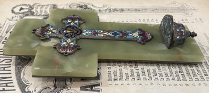 Antique French Champleve Enamel Onyx Holy Water Font Cross Crucifix c1880