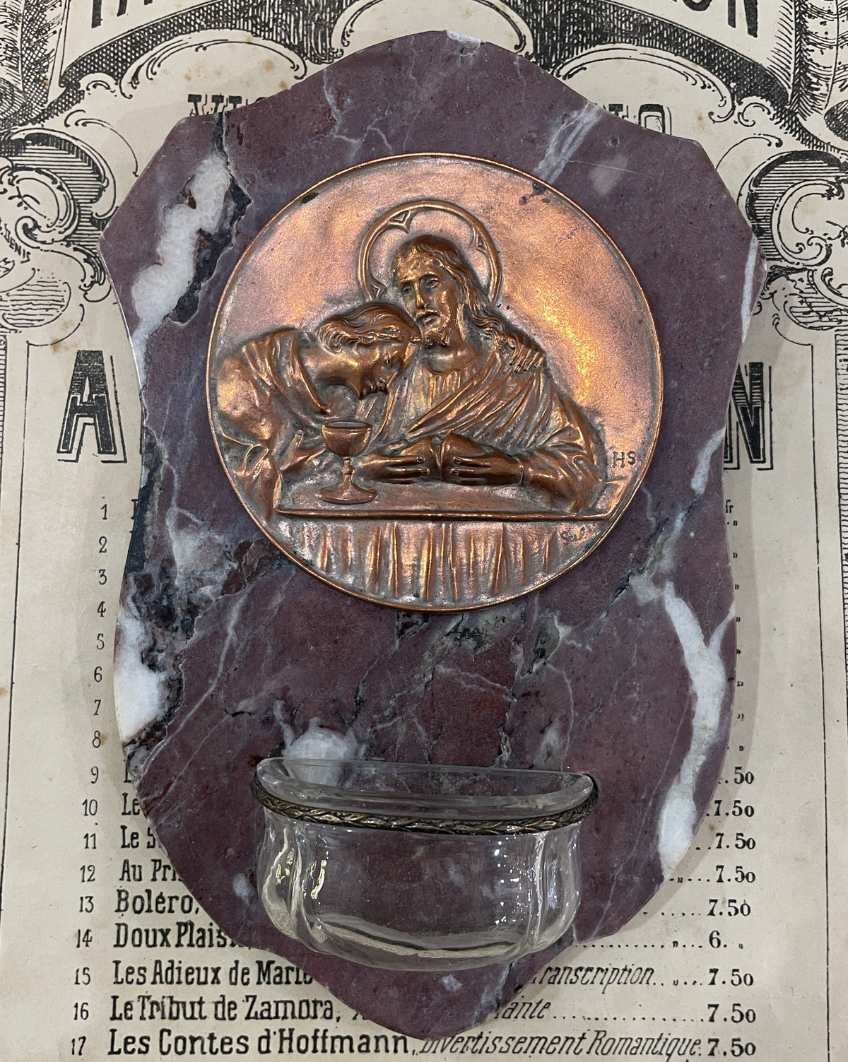 Antique French Jesus & St John Bread Signed Holy Water Font c1920