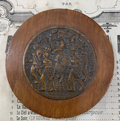 Vintage French Joan of Arc Religious Wood & Bronze Plaque c1960