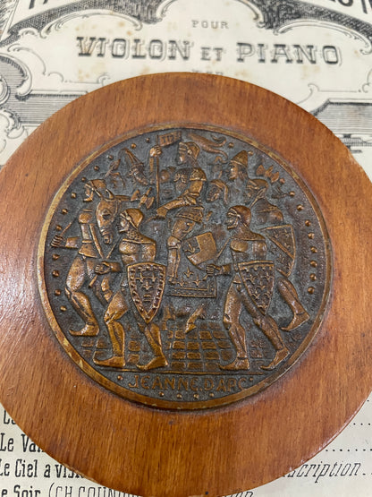 Vintage French Joan of Arc Religious Wood & Bronze Plaque c1960