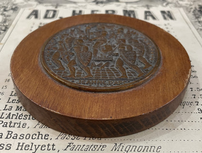 Vintage French Joan of Arc Religious Wood & Bronze Plaque c1960