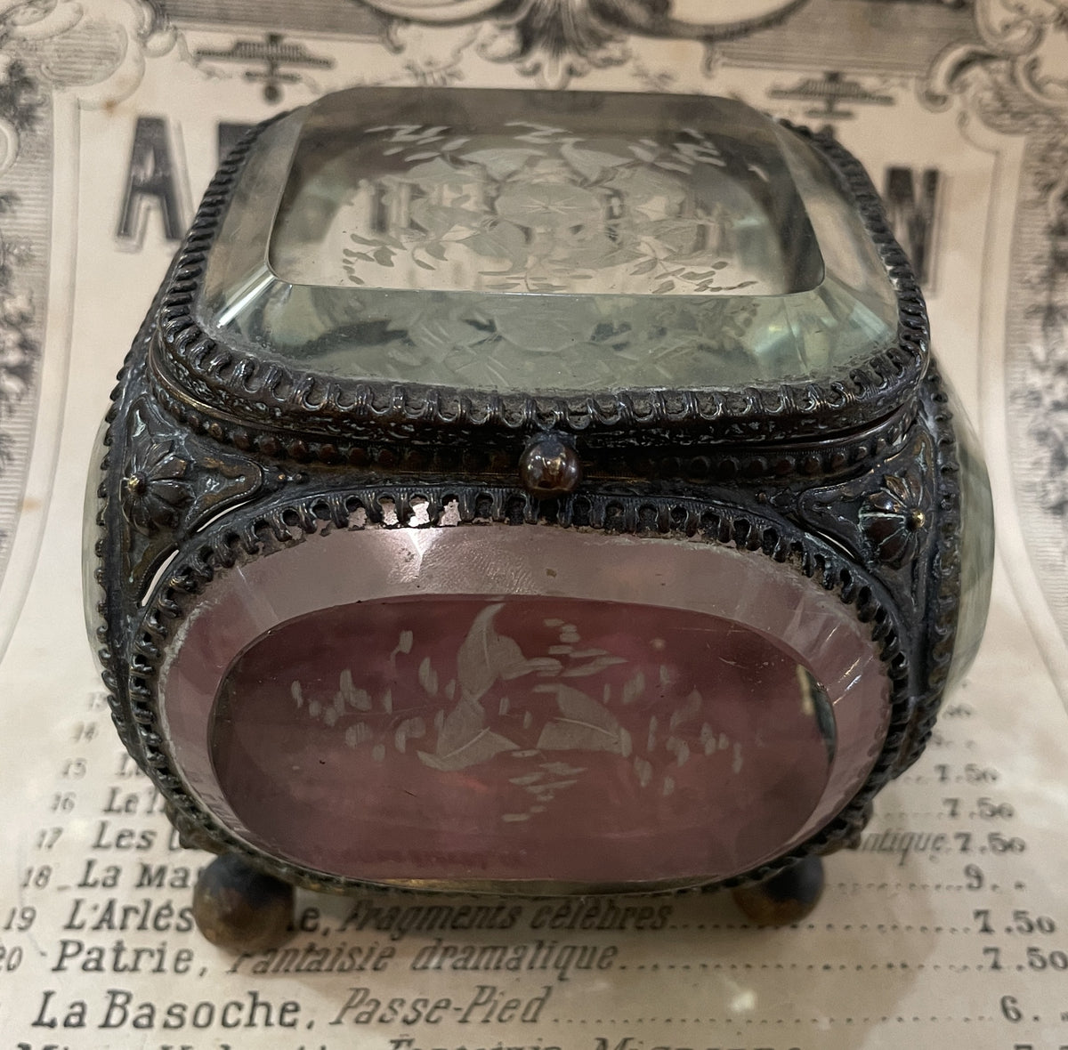 Antique French Etched Glass Jewelry Box c1900