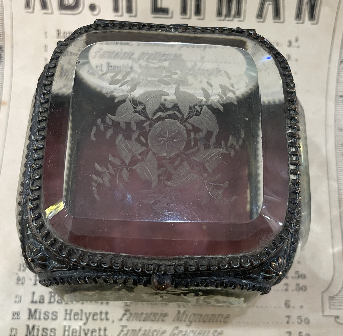 Antique French Etched Glass Jewelry Box c1900