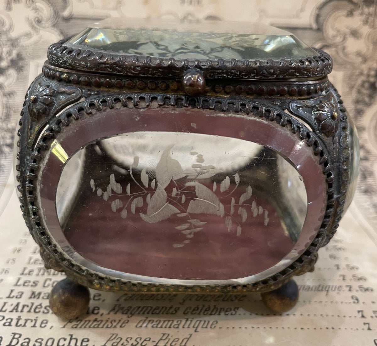 Antique French Etched Glass Jewelry Box c1900