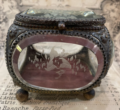 Antique French Etched Glass Jewelry Box c1900