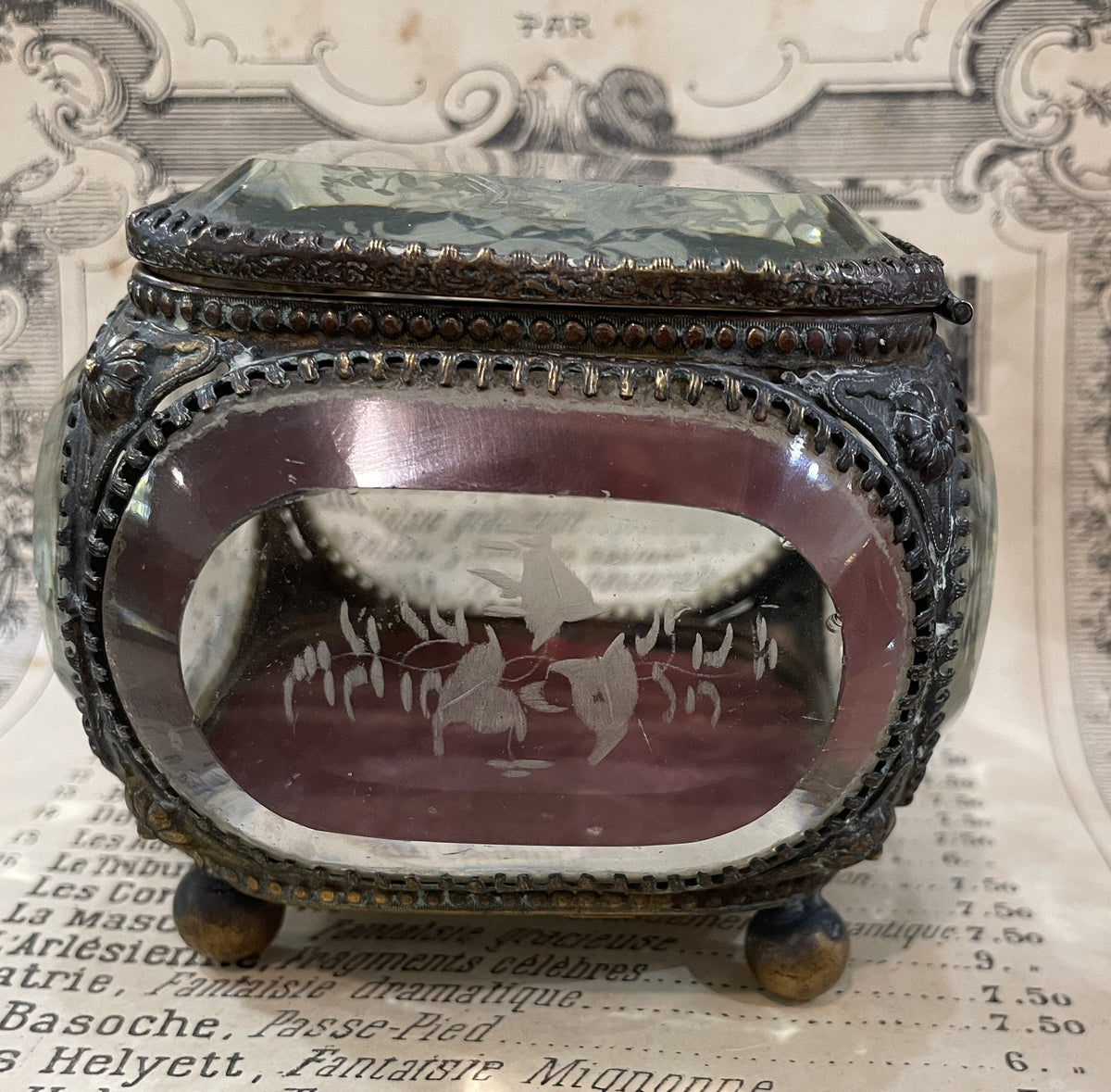 Antique French Etched Glass Jewelry Box c1900