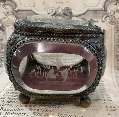Antique French Etched Glass Jewelry Box c1900