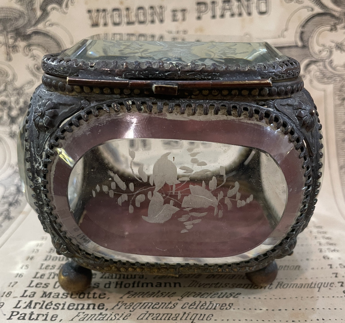 Antique French Etched Glass Jewelry Box c1900