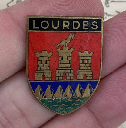 Antique French Lourdes City Emblem Shield Coat of Arms Enameled Plaque c1920