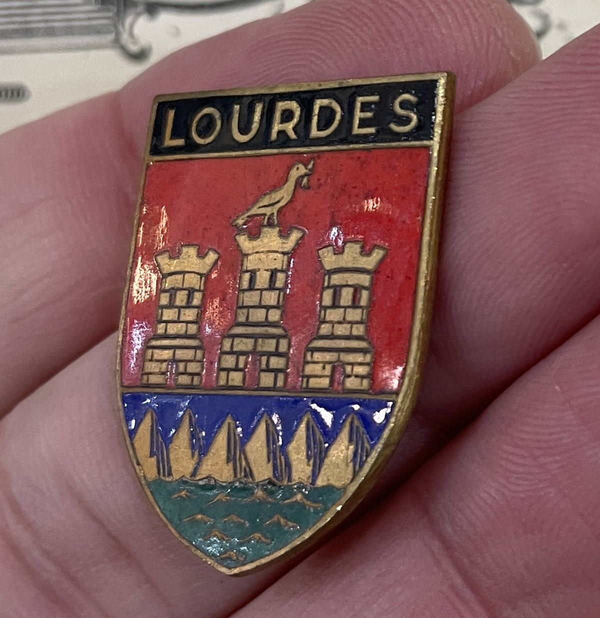 Antique French Lourdes City Emblem Shield Coat of Arms Enameled Plaque c1920