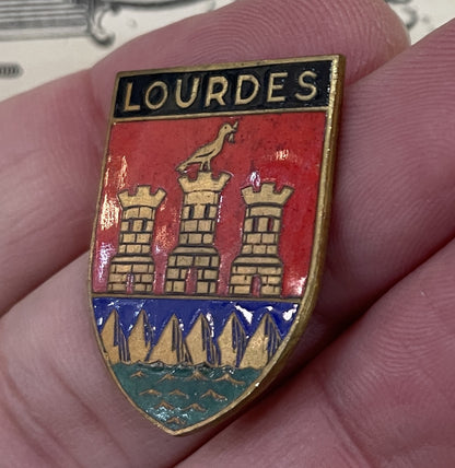 Antique French Lourdes City Emblem Shield Coat of Arms Enameled Plaque c1920