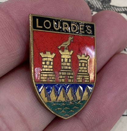 Antique French Lourdes City Emblem Shield Coat of Arms Enameled Plaque c1920