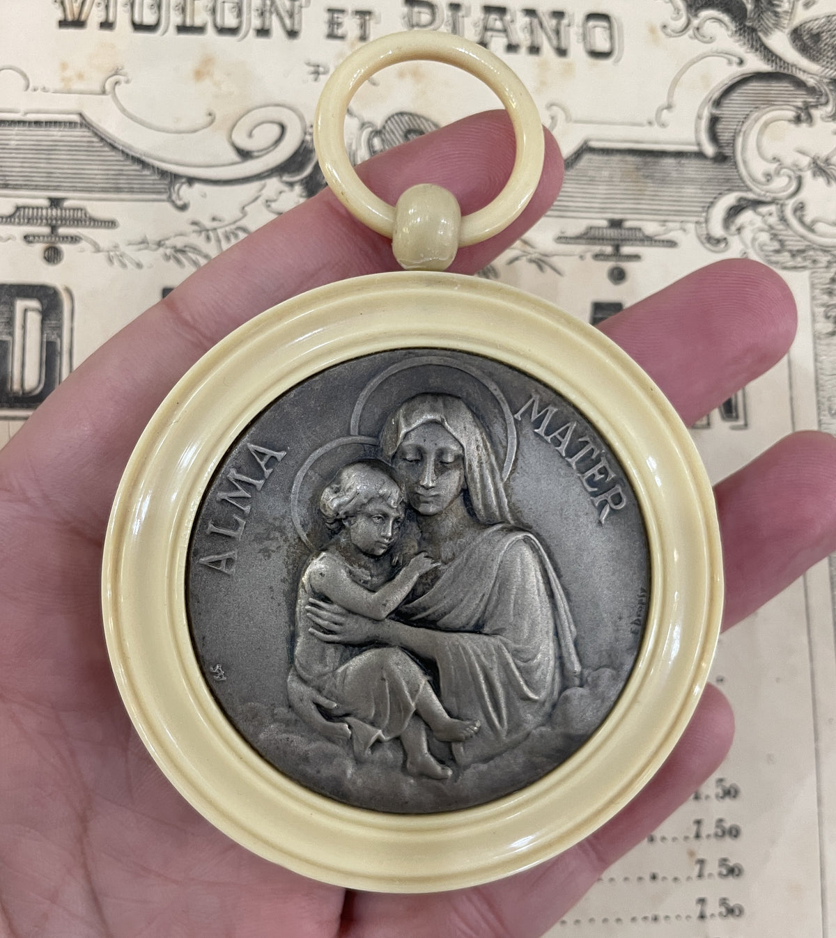 Rare Antique French Crib Cradle Protector Angel Celluloid Baptism Signed Dropsy c1920