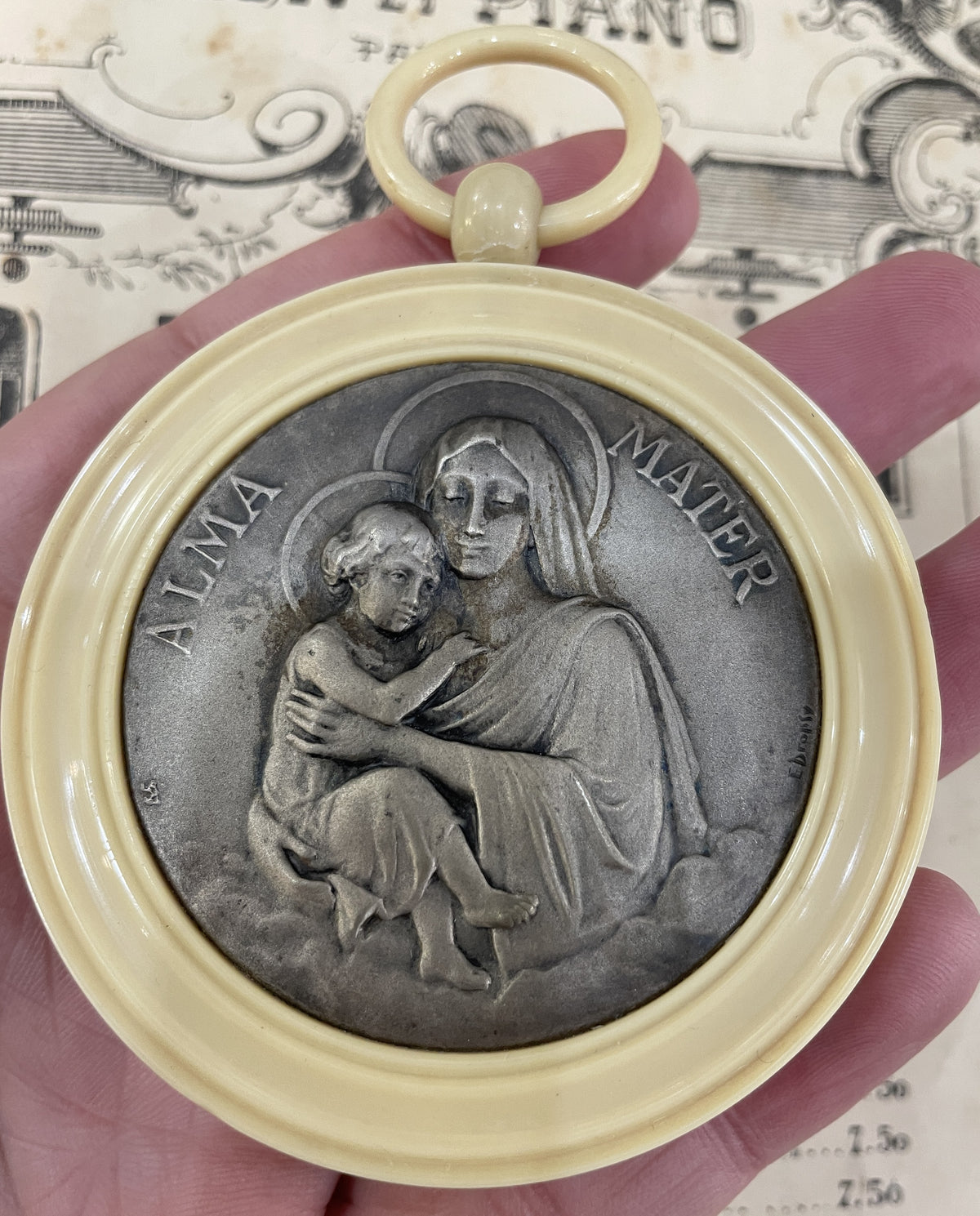 Rare Antique French Crib Cradle Protector Angel Celluloid Baptism Signed Dropsy c1920