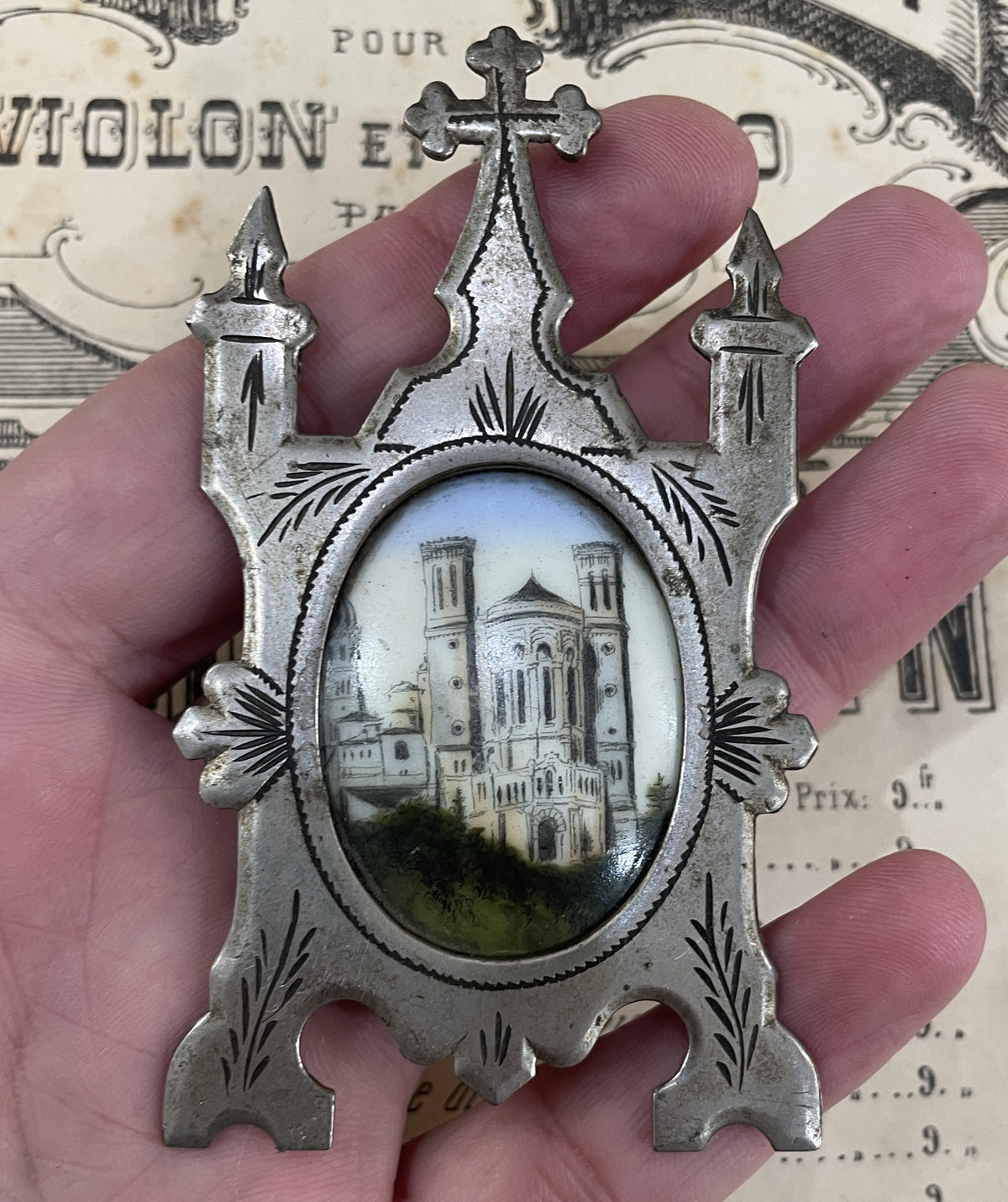 Antique French Hand Painted Porcelain Church Cathedral Stand c1900