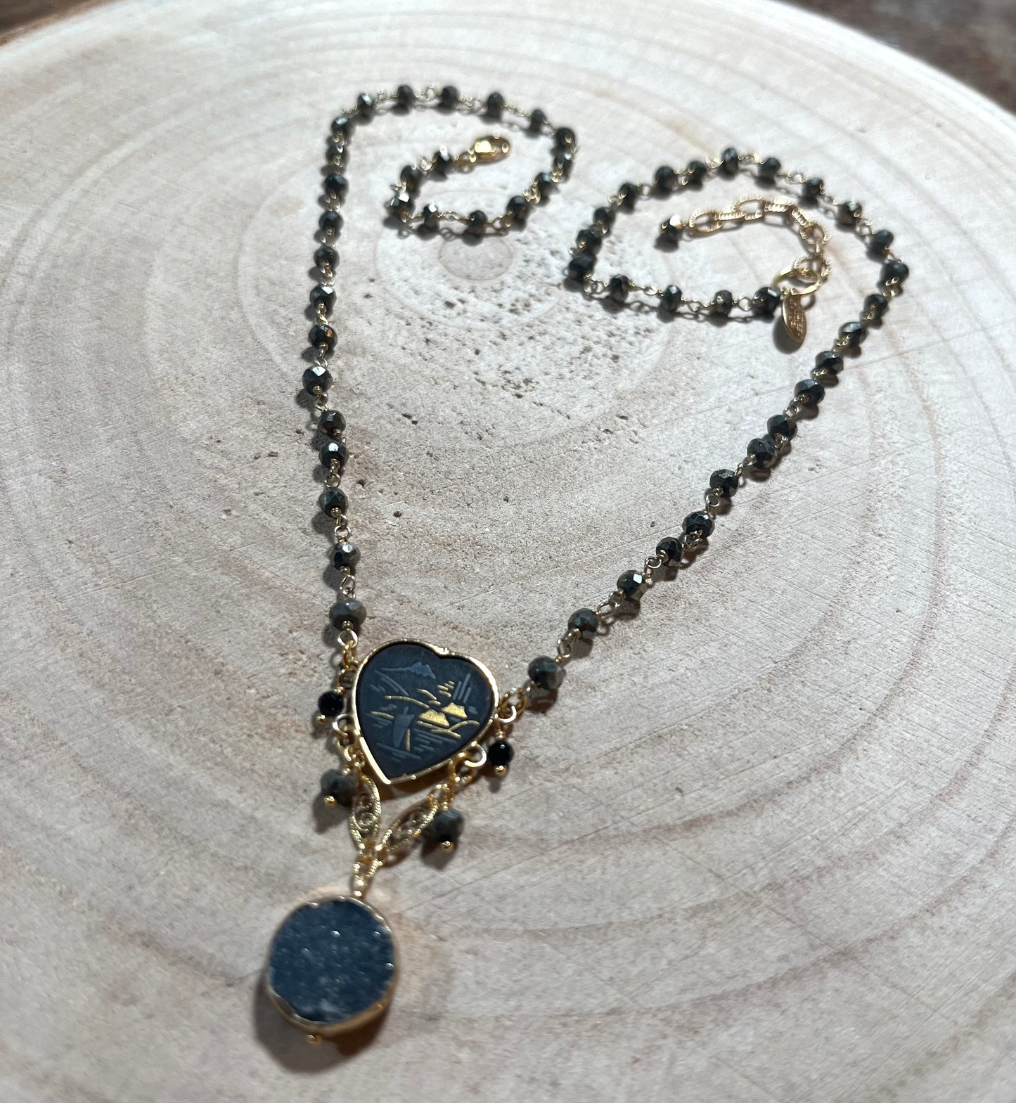 Vintage Japanese Black Heart and 24k Inlay Necklace