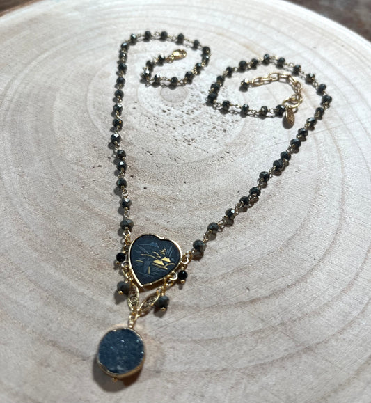 Vintage Japanese Black Heart and 24k Inlay Necklace