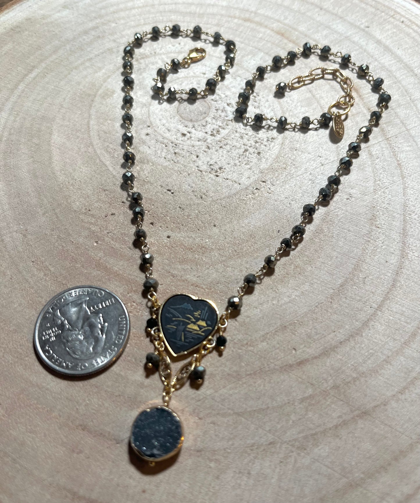Vintage Japanese Black Heart and 24k Inlay Necklace