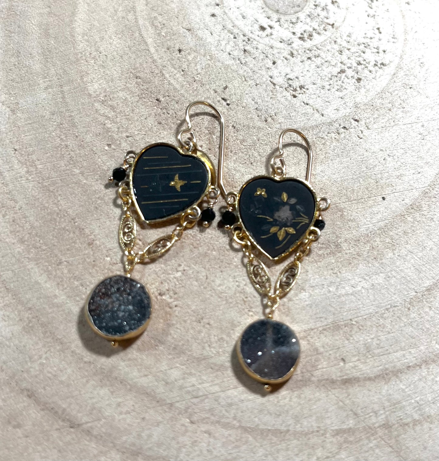 Vintage Japanese Black Heart earrings with Komai Damascene 24k gold inlaid