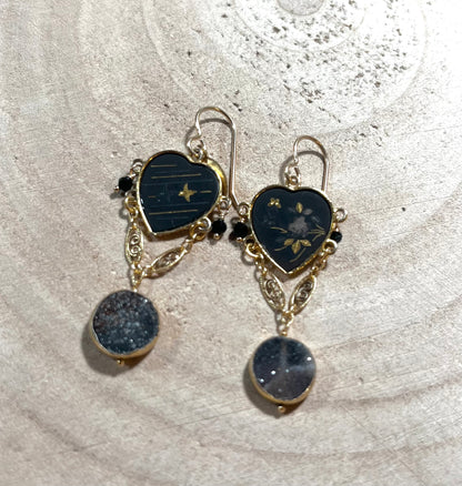Vintage Japanese Black Heart earrings with Komai Damascene 24k gold inlaid