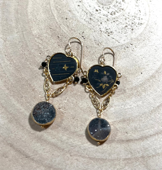 Vintage Japanese Black Heart earrings with Komai Damascene 24k gold inlaid