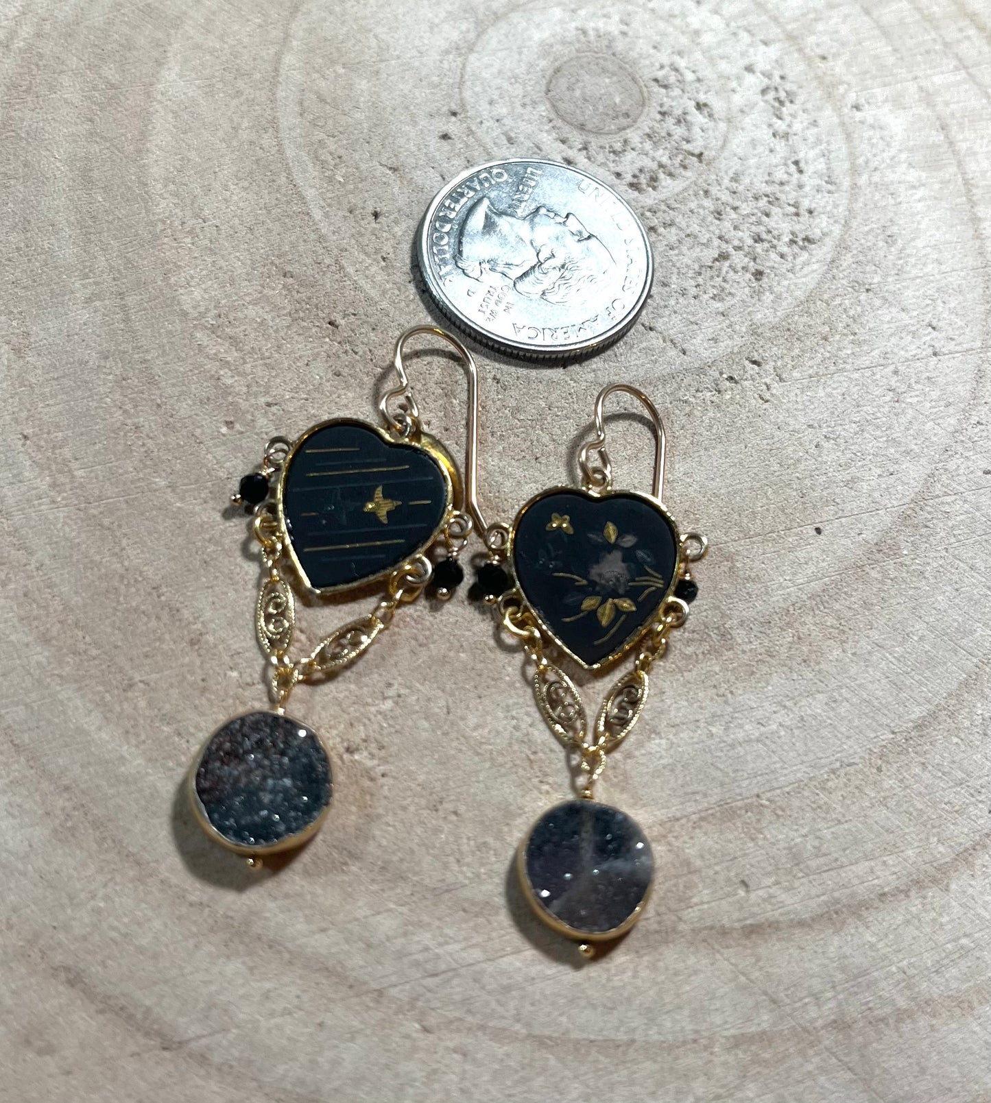 Vintage Japanese Black Heart earrings with Komai Damascene 24k gold inlaid