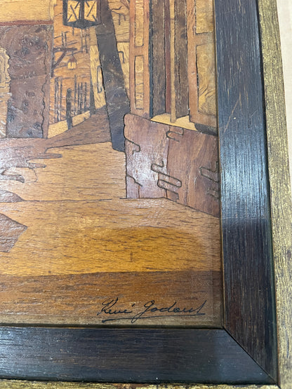 Rare Antique French Street View Marquetry Signed Rene Godard c1930