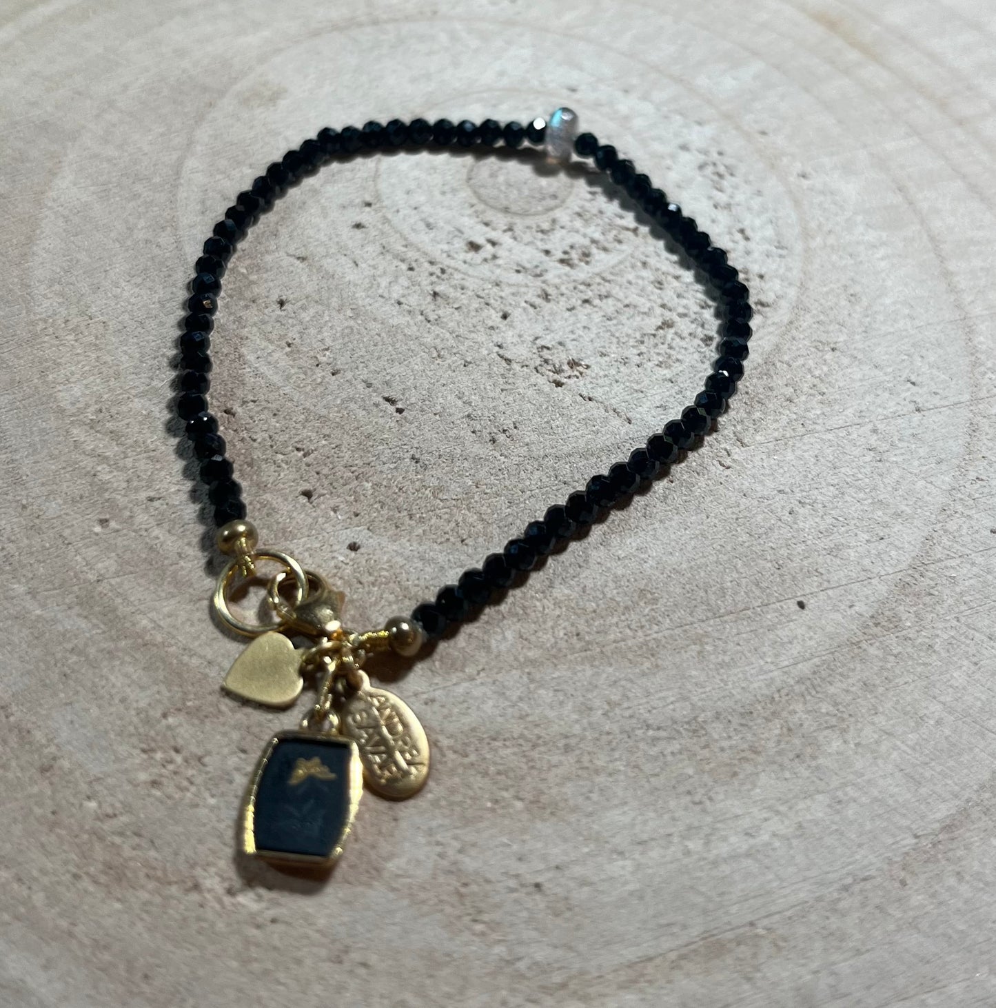 Vintage Japanese inlaid butterfly bracelet with black tourmaline and labradorite