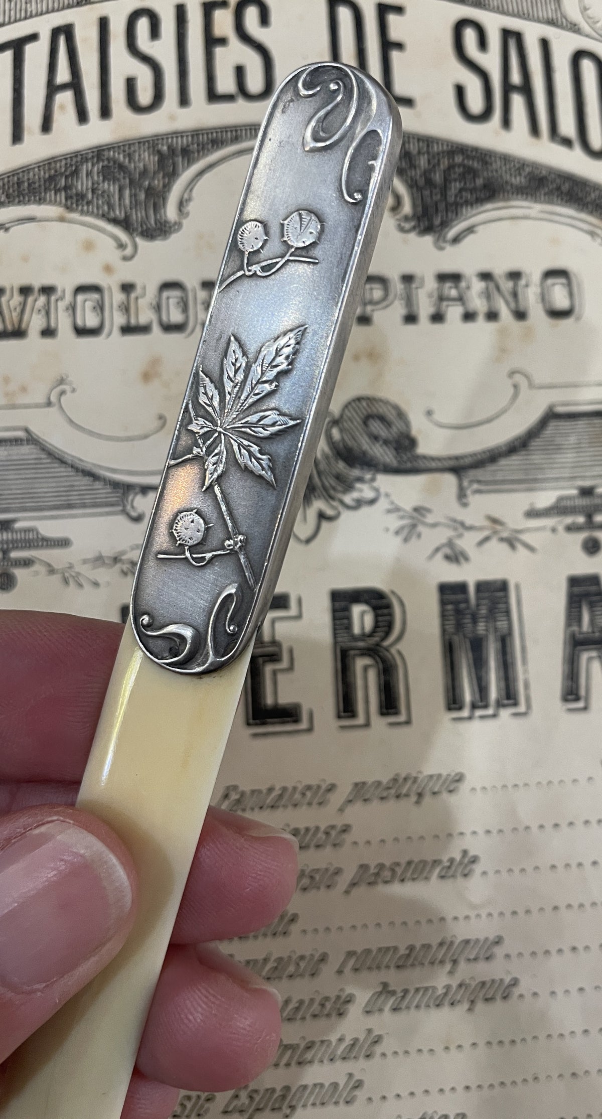 Rare Antique French Sterling Silver Art Nouveau Letter Opener Conker Chestnut Tree c1900