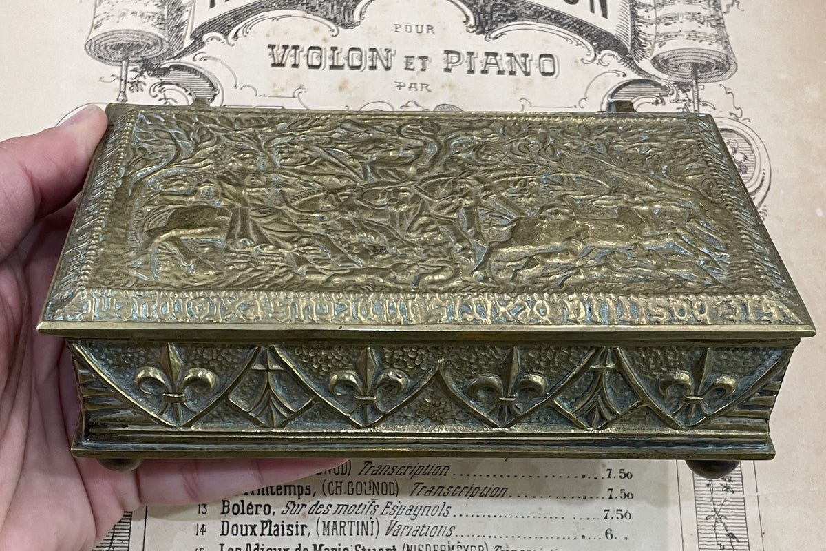 Rare Antique French Max LeVerrier Bronze Box Hunting Scene Fleur de Lys c1930