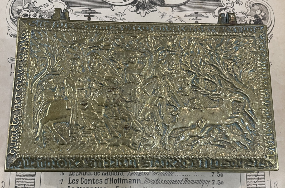 Rare Antique French Max LeVerrier Bronze Box Hunting Scene Fleur de Lys c1930