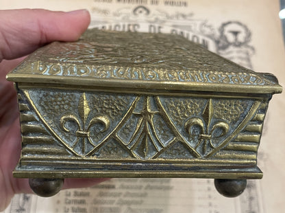 Rare Antique French Max LeVerrier Bronze Box Hunting Scene Fleur de Lys c1930