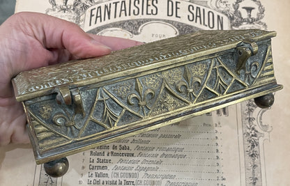 Rare Antique French Max LeVerrier Bronze Box Hunting Scene Fleur de Lys c1930