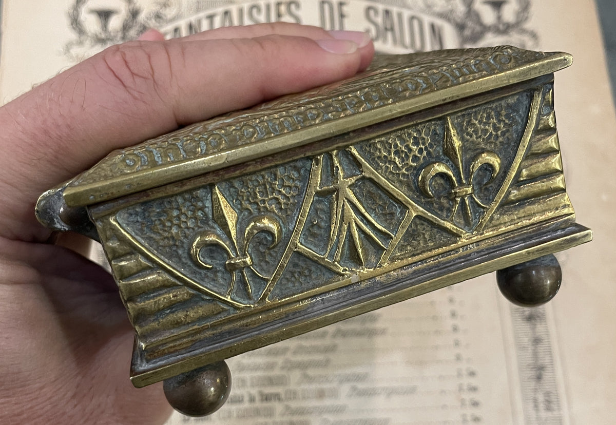 Rare Antique French Max LeVerrier Bronze Box Hunting Scene Fleur de Lys c1930