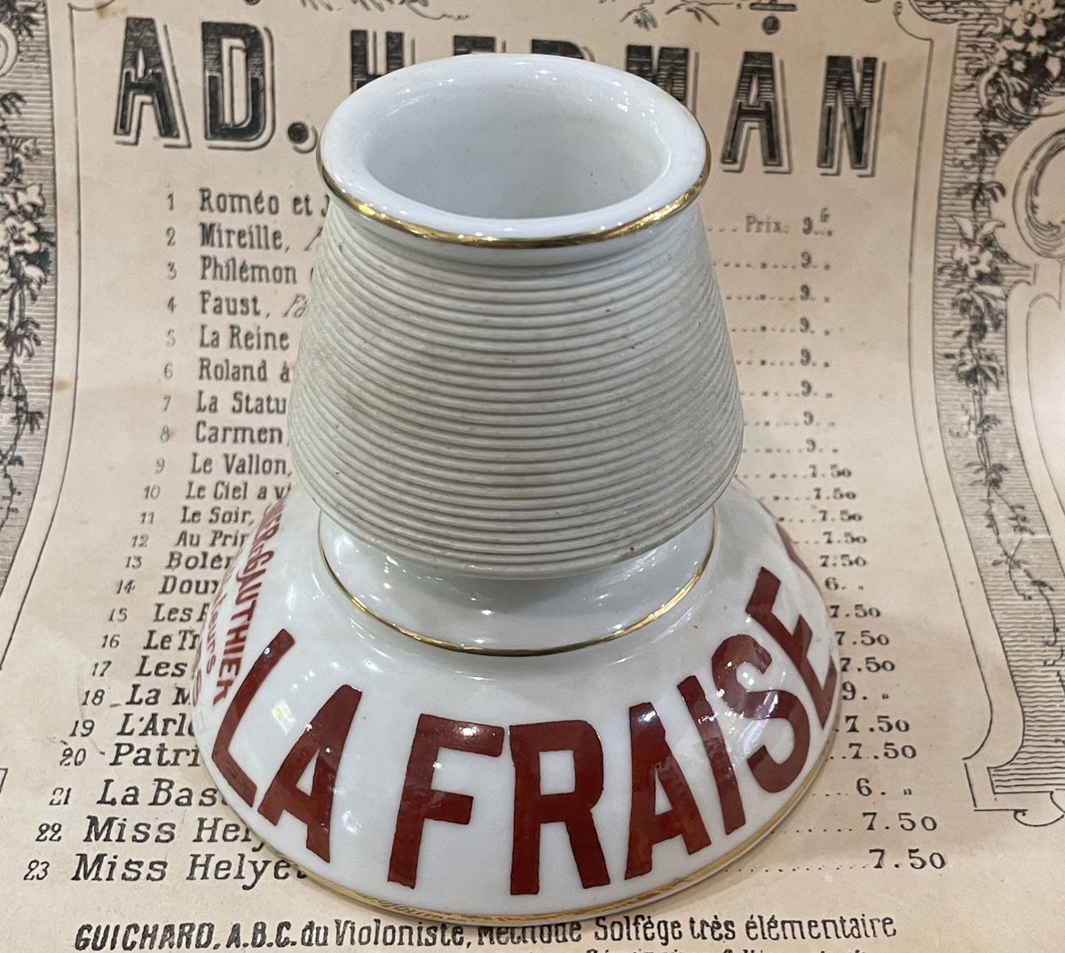 Antique French Advertising Match Striker Holder La Fraise Du Forez Ceramic Porcelain c1920