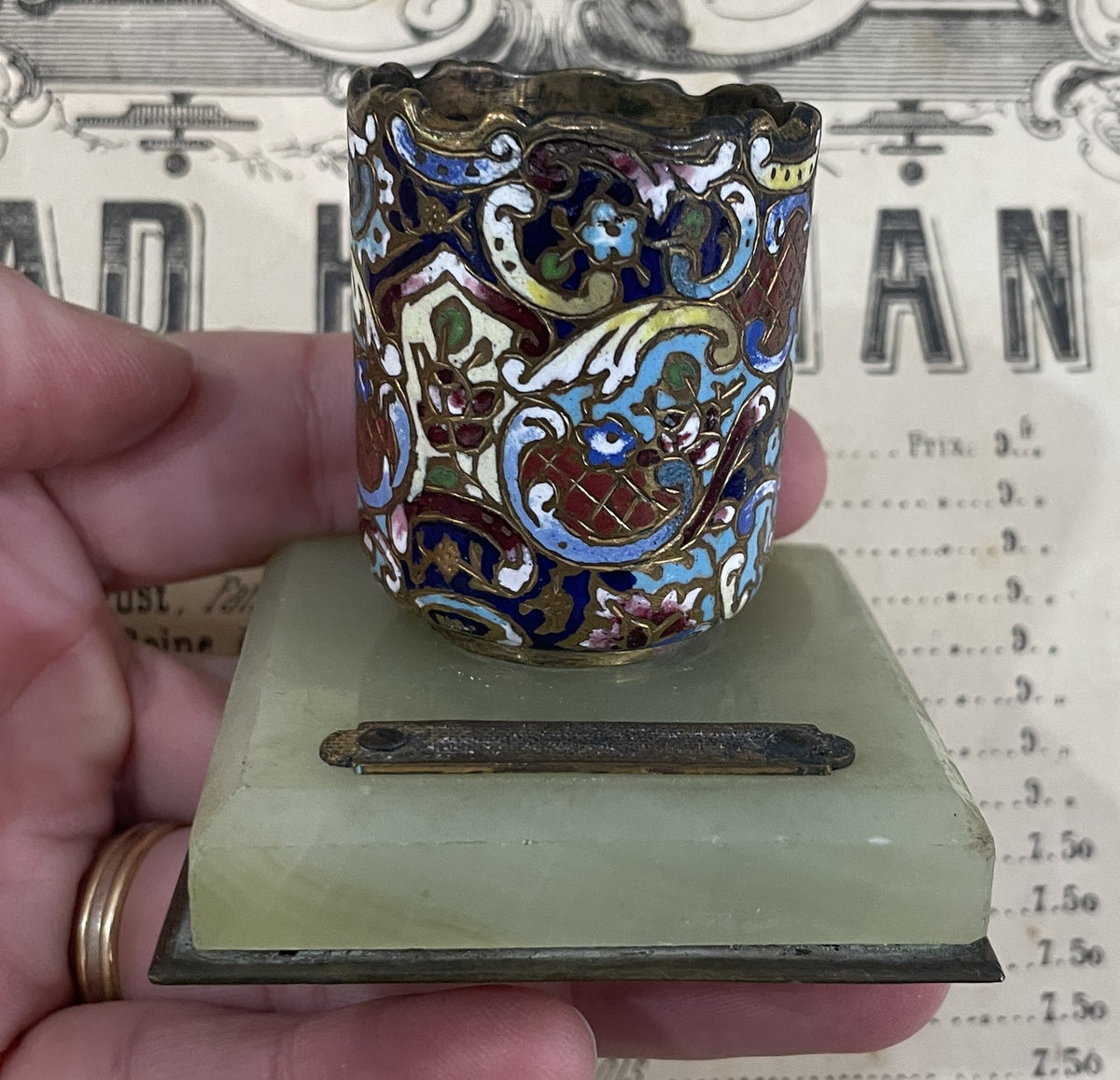 Antique French Match Striker Holder Champleve Enamel Green Onyx c1880