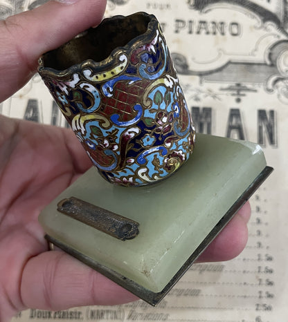 Antique French Match Striker Holder Champleve Enamel Green Onyx c1880