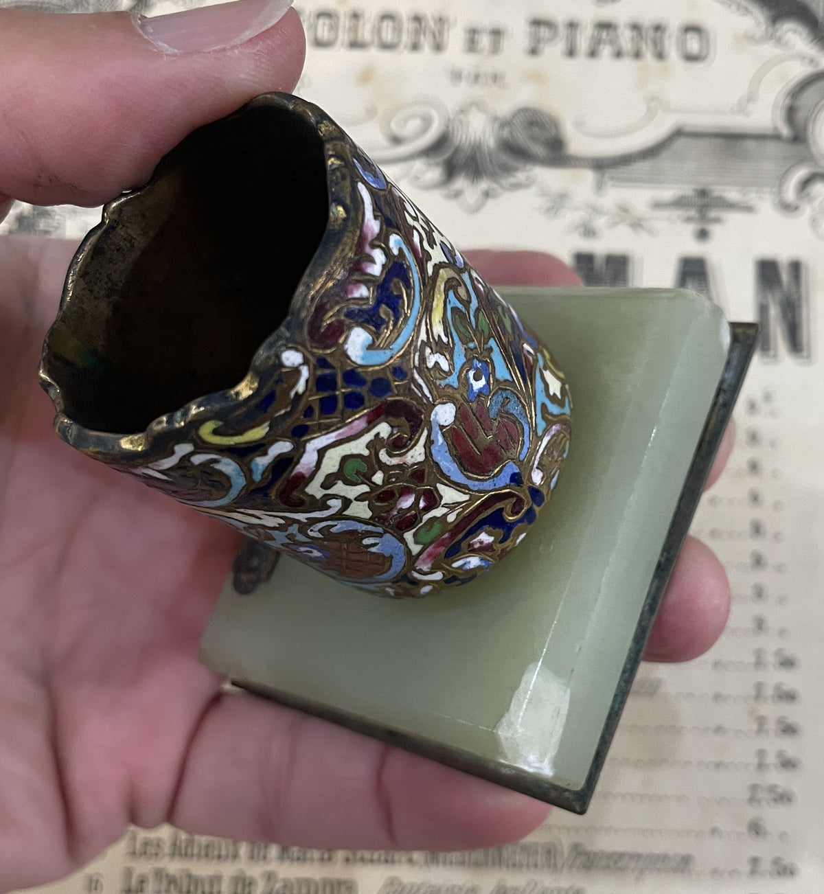 Antique French Match Striker Holder Champleve Enamel Green Onyx c1880