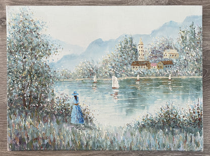 Vintage French Oil on Canvas Landscape Lake Boat Mountain Woman Signed c1960