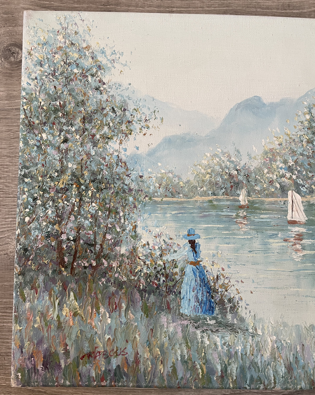 Vintage French Oil on Canvas Landscape Lake Boat Mountain Woman Signed c1960