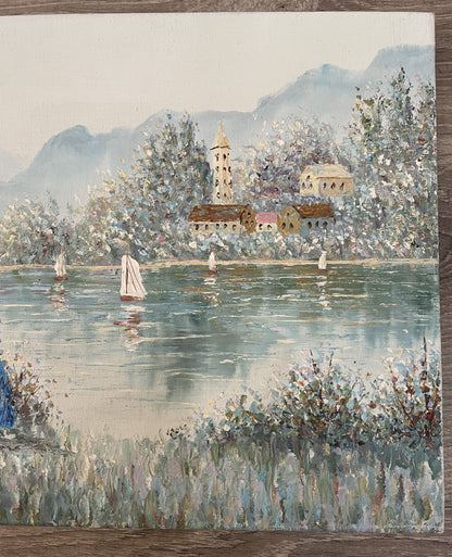 Vintage French Oil on Canvas Landscape Lake Boat Mountain Woman Signed c1960