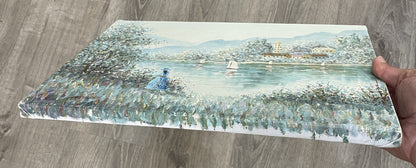 Vintage French Oil on Canvas Landscape Lake Boat Mountain Woman Signed c1960