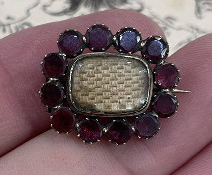 Antique English Mourning Hair 14k Solid Gold Garnets Brooch c1880