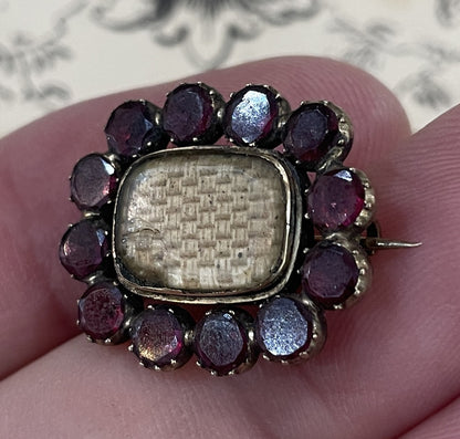 Antique English Mourning Hair 14k Solid Gold Garnets Brooch c1880