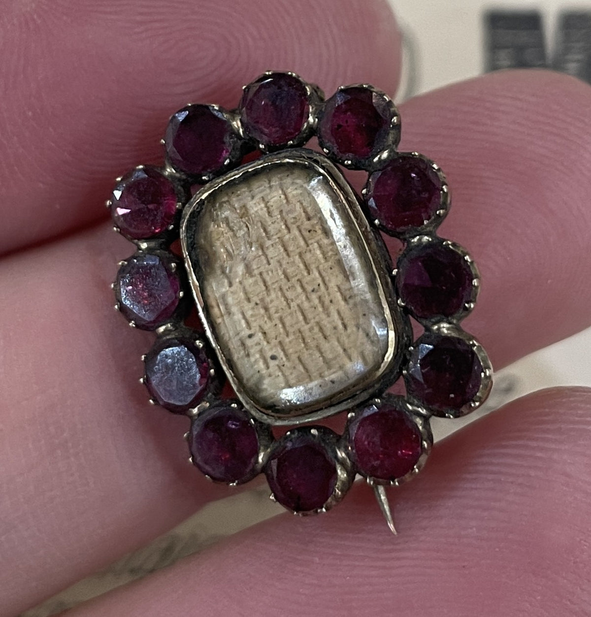 Antique English Mourning Hair 14k Solid Gold Garnets Brooch c1880