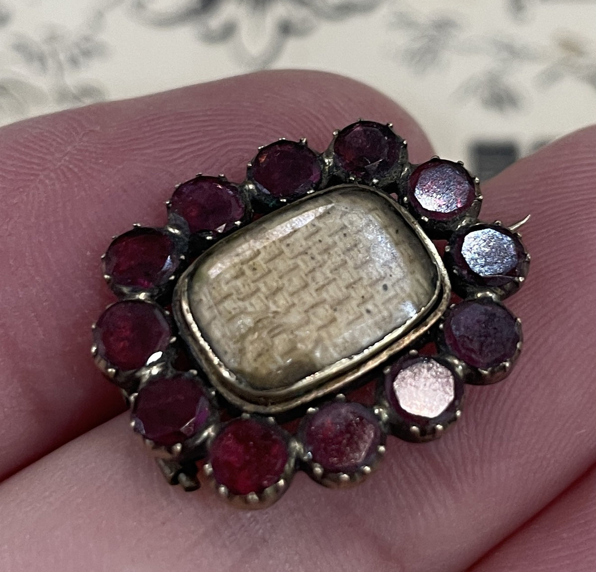 Antique English Mourning Hair 14k Solid Gold Garnets Brooch c1880