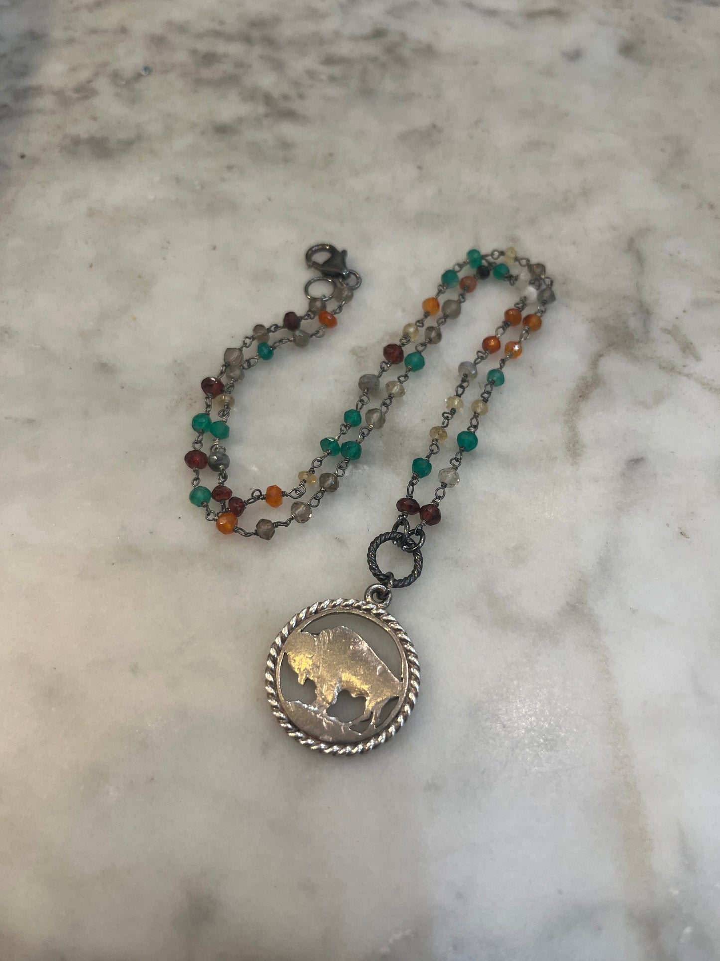 Sterling Buffalo Indian Head Nickel necklace with gemstones