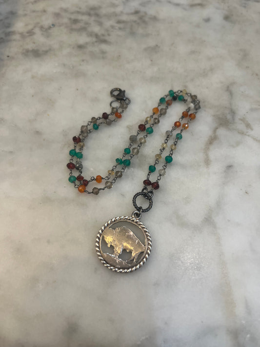 Sterling Buffalo Indian Head Nickel necklace with gemstones